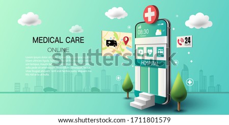 Smartphone with hospital building on screen, doctor consultation online with emergency call 24 hours, healthcare technology, analysis health and network concept.