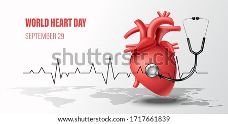 World Heart Day concept, heart with stethoscope and heartbeat line on white background.