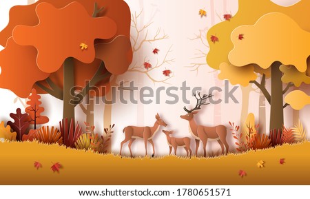 Paper art style of autumn landscape with deer family in a forest, many beautiful trees and leaves.