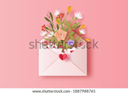 Love letter with a bunch of flowers in paper illustration, 3d paper.