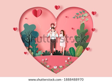 A family enjoys fresh air in the park in paper illustration, 3d paper, many hearts floating.	