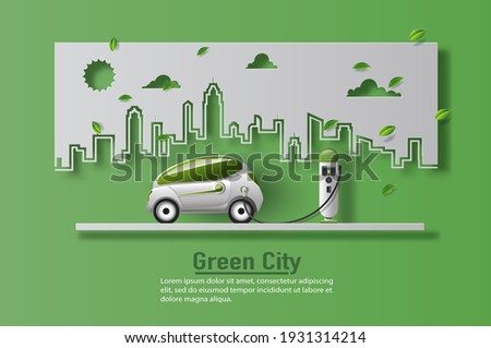 Electric car with EV charger station in a modern city, save the planet and energy concept, paper illustration, and 3d paper.