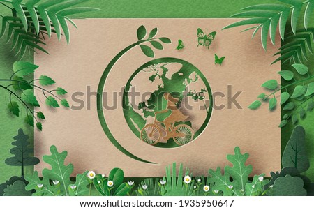 A girl enjoys riding bikes with an earth background, save the planet and energy concept, paper illustration, and 3d paper.