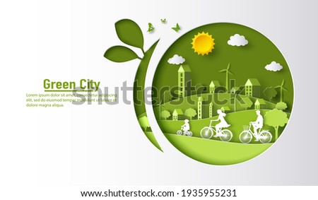 A family riding a bike with a city background, landing page and banner design, paper illustration, and 3d paper.