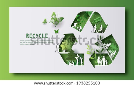 Recycle Symbol, many people doing activities, enjoy their life in a good atmosphere, save the planet and energy concept, paper illustration, and 3d paper. Foto stock © 