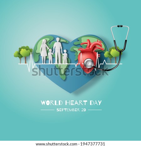 World Heart Day concept, a family holding hands standing on heartbeat line together with earth and heart, paper illustration, and 3d paper.