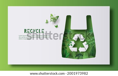 Recycle banner design, a plastic bag with recycle sign and many plants inside, save the planet and energy concept, paper illustration, and 3d paper.