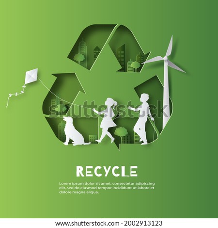 Recycle Symbol, kids playing kite, enjoy their life in a good atmosphere, save the planet and energy concept, paper illustration, and 3d paper.