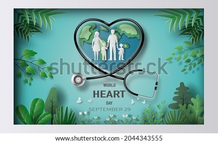 World Heart Day concept, a family holding hands with a heart world and a stethoscope on a green leaves background, paper illustration, and 3d paper.