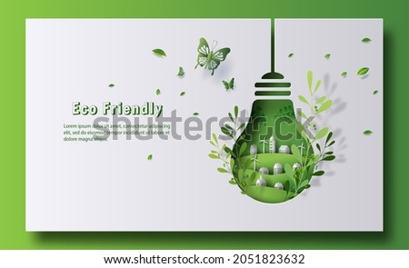 Design for an eco friendly banner, a light bulb shape with city and garden, save the planet and energy concept, paper illustration, and 3d paper. Stock foto © 