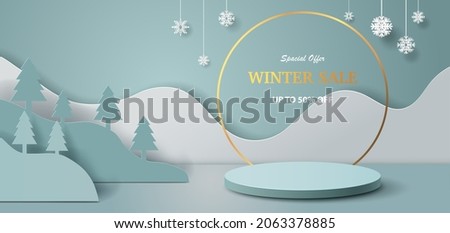 Winter sale product banner, a mountainous and forested landscape, paper illustration, and 3d paper.