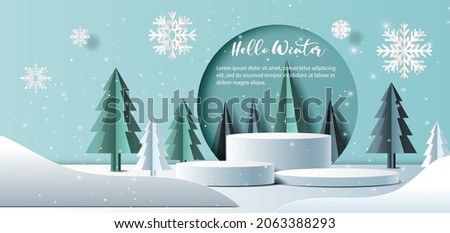Winter sale product banner, 
podium platform with geometric shapes and snowflakes background, paper illustration, and 3d paper.