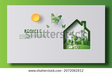 Eco-friendly home with cutting-edge technology, including solar cells and a windmill, paper illustration, and 3d paper.
