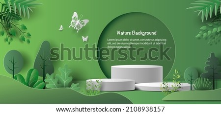 Product banner, podium platform with geometric shapes and nature background, paper illustration, and 3d paper. Imagine de stoc © 