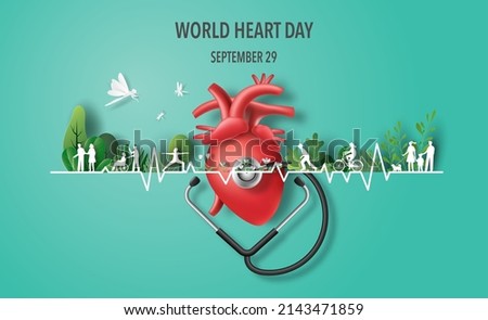 World Heart Day concept, heart with a stethoscope and many people doing activities, paper illustration, and 3d paper.
