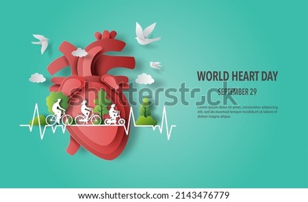 World Heart Day concept; happy family riding a bike with a heart in the background, paper illustration, and 3d paper.