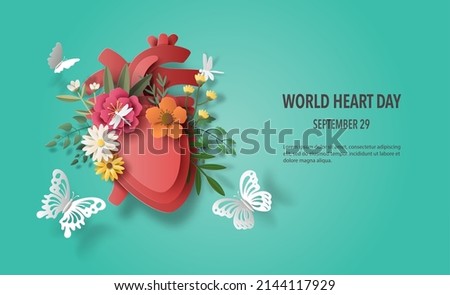 World Heart Day concept, beautiful flowers, leaves, and butterflies decorate the human heart, paper illustration, and 3d paper.