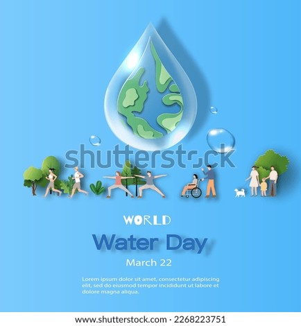 World Water Day, save water, a drop of water with a lot of people at the blackground involved in activity. Paper illustration and 3d paper.