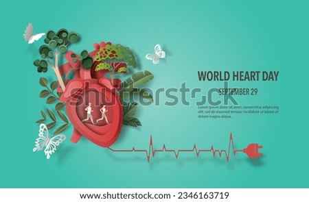 World Heart Day concept, people running with heartbeat line, paper art and craft style, flat-style vector illustration.