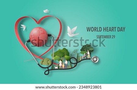 World Heart Day concept, a lot of people at the background involved in activity, paper art and craft style, flat-style vector illustration.
