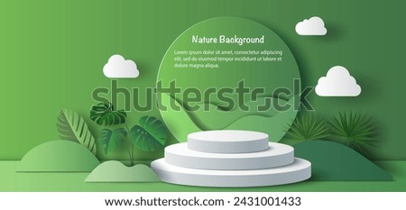 Product banner, podium platform with geometric shapes and nature background, paper illustration, and 3d paper.