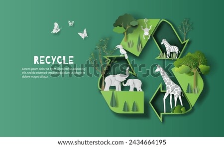 Recycle Symbol many animals and green leaves, save the planet and energy concept, paper illustration, and 3d paper.