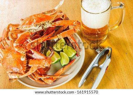Plate of tasty boiled big crabs.
