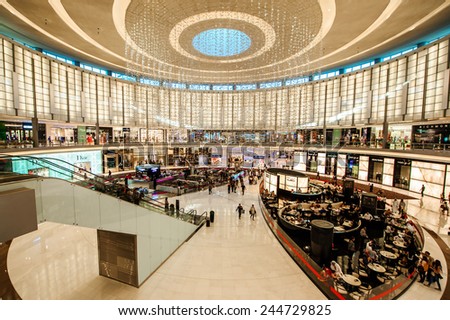 DUBAI - JANUARY 05: The Dubai Mall linterior on January 05, 2015 in Dubai, UAE. The Dubai Mall located in Dubai, it is part of the 20-billion-dollar Downtown Dubai complex, and includes 1,200 shops.