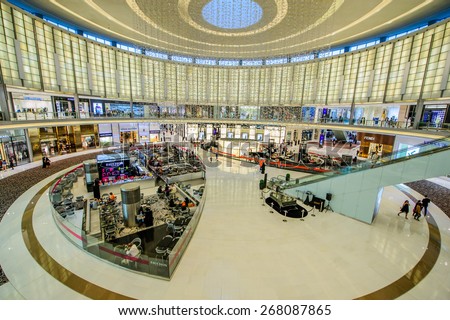 DUBAI, UAE - APRIL 07, 2015:Dubai Mall, the world\'s largest shopping mall, part of the 20 billion dollars Downtown Dubai Complex, and includes around 1,200 shops