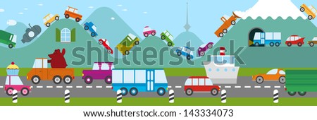 Cartoon illustration of traffic on a freeway and a long line of vehicles forming a traffic jam along the crests of the hills and mountains