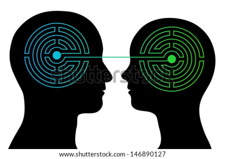 head silhouettes of a couple with a labyrinth inside their heads showing the complexity of the human brain and emotions with an interconnecting line between their heads, complex communication