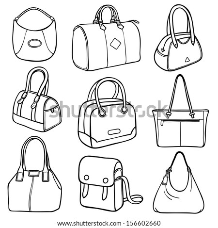 Collection of nine outlines of ladies fashion handbags in different styles and designs, illustration on white