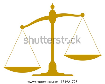scale illustration of the silhouette of an unbalanced vintage scale with empty pans showing one side weighted down more than the other depicting imbalance, inequality and justice