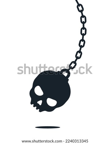 Skull shape wrecking ball. Demolition sphere hanging on chains. Vector illustrationon on white.