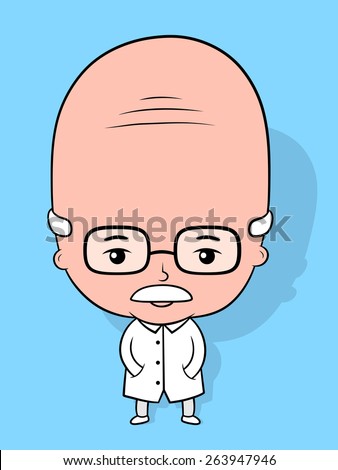 Elderly scientist cartoon character with a bald head wearing nerdy glasses standing with his hands in the pockets of his lab coat, vector illustration