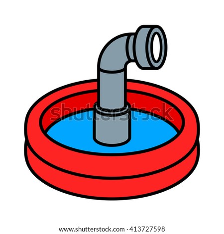 Circular red wading pool with cute little steel periscope peeking up through the blue water
