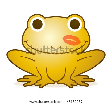 Cute gold cartoon frog with a happy beaming smile and a lipstick kiss on its cheek, conceptual of the fairytale of the prince