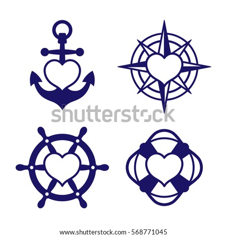 Set of four single color blue icons - marine theme with hearts inside shapes of anchor, compass, ship steering wheel and lifebuoy. Vector Illustration