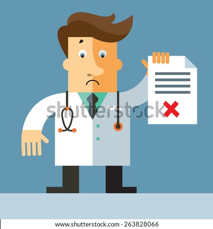 Doctor hold checklist with X sign. Flat vector illustration.