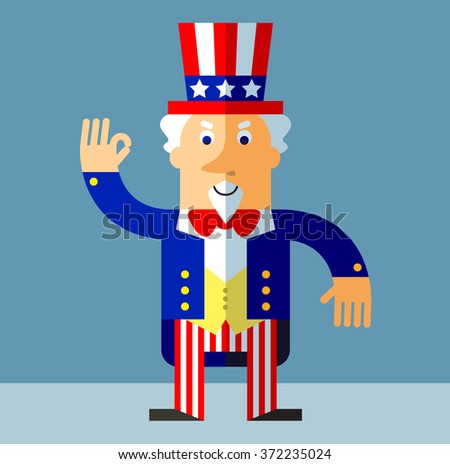 Uncle Sam gesturing okay. Flat style vector illustration on gray background.  Common national personification of the American government. Symbol of USA