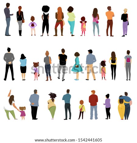 people back. view of people and children behind. a set of vectors. people of different nationalities