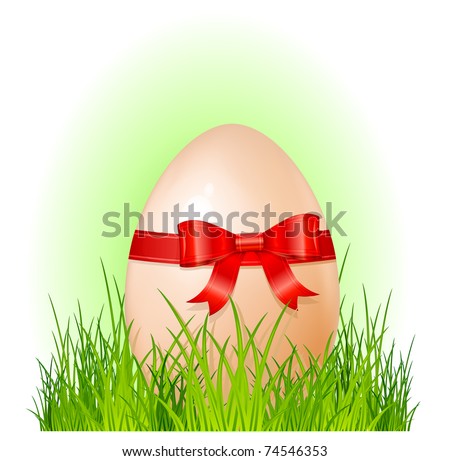 easter big egg with bow on green grass, holiday vector illustration