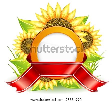 big flower yellow sunflowers and ribbon on white background, vector illustration