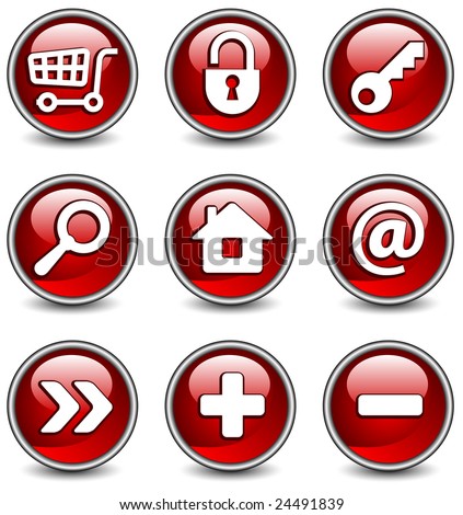 Set of vector buttons with web icons in red, illustration. Round series