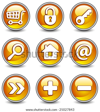 Set of vector buttons with web icons in yellow, illustration. Round series