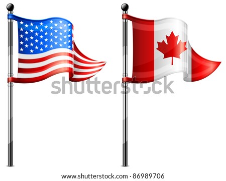 Two little USA & Canada triangle flag on flagpole, vector illustration