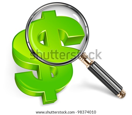 Magnifying glass for zooming green dollar symbol, vector illustration