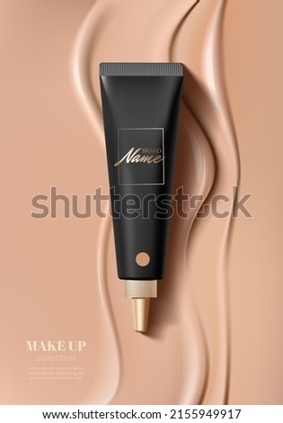 Advertising poster of cosmetic product for catalog, magazine. Design of cosmetic package. Advertising of foundation cream, concealer, base, BB cream. Realistic creamy texture