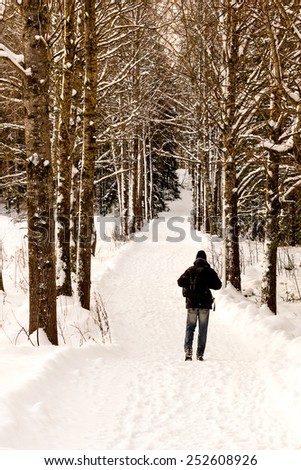 Path in a thick forest in winter- trees covered with snow and a man walking