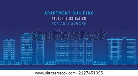 Outline or Stroke of Futuristic Modern Apartment Building. Blue colour theme Line Drawing Vector Illustration.